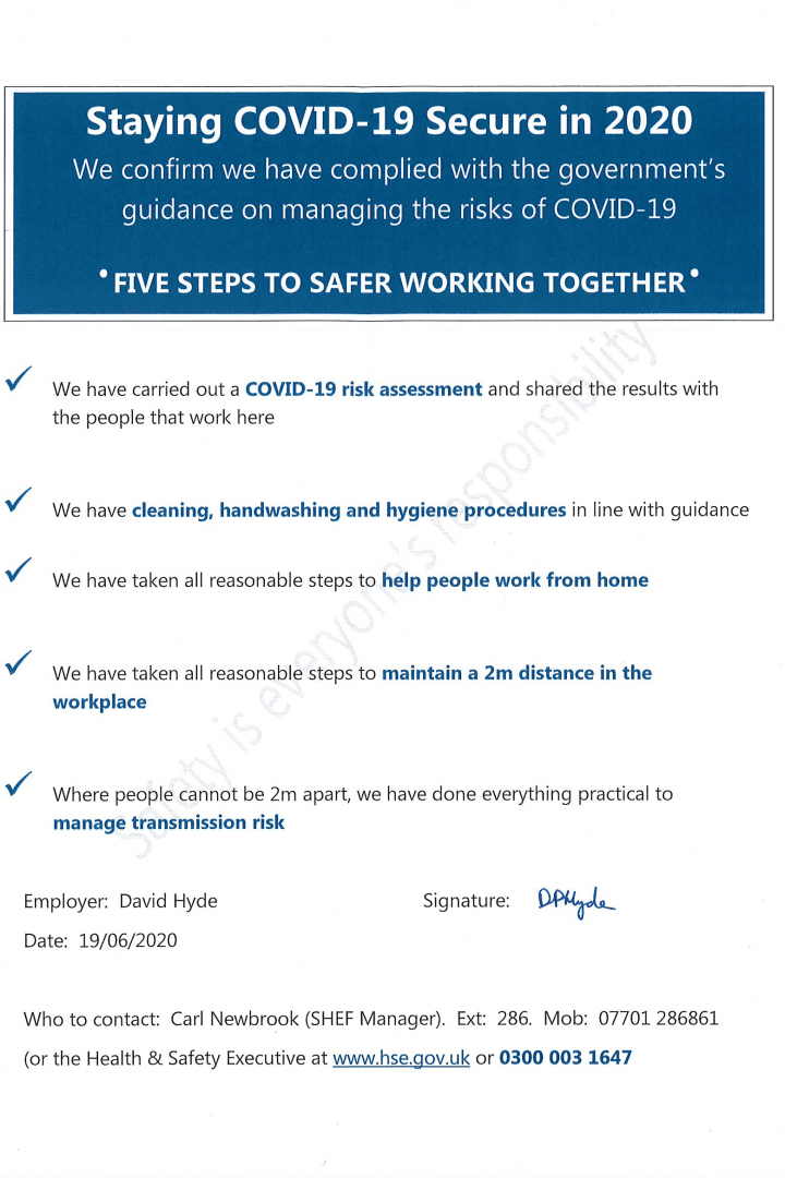 Poster stating AGI's 5 steps to being COVID19 secure